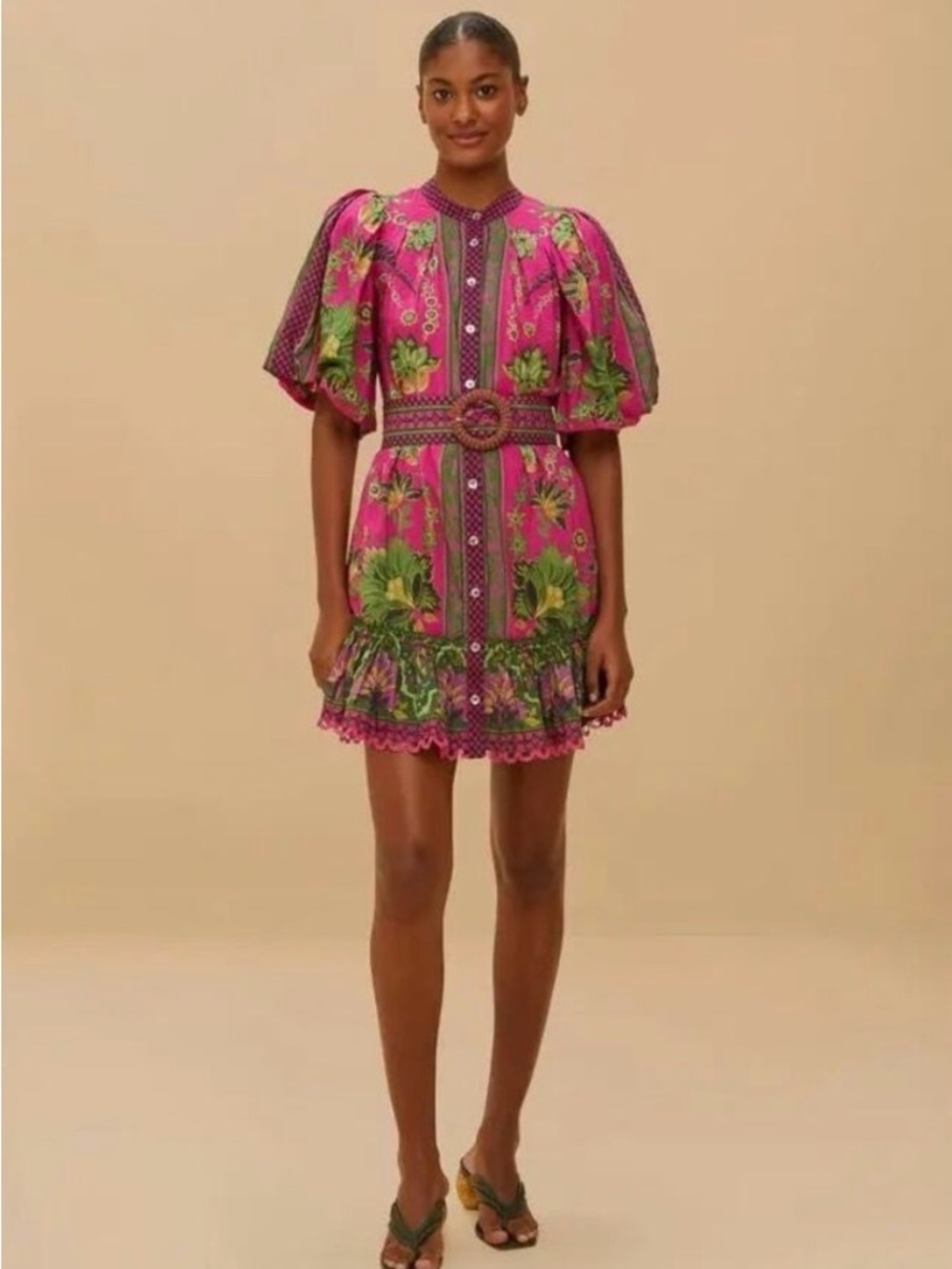 FARM Rio Pink and Green Floral-Print Button Dress